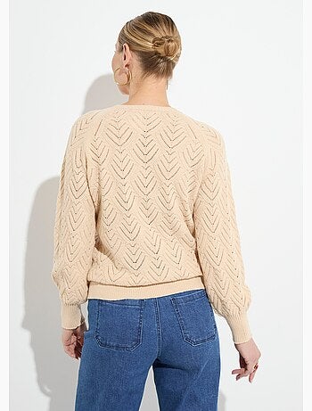 Pull doux court col rond uni ajouré - Afibel