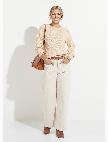 Pull doux court col rond uni ajouré - Afibel