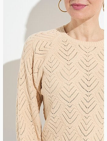 Pull doux court col rond uni ajouré - Afibel