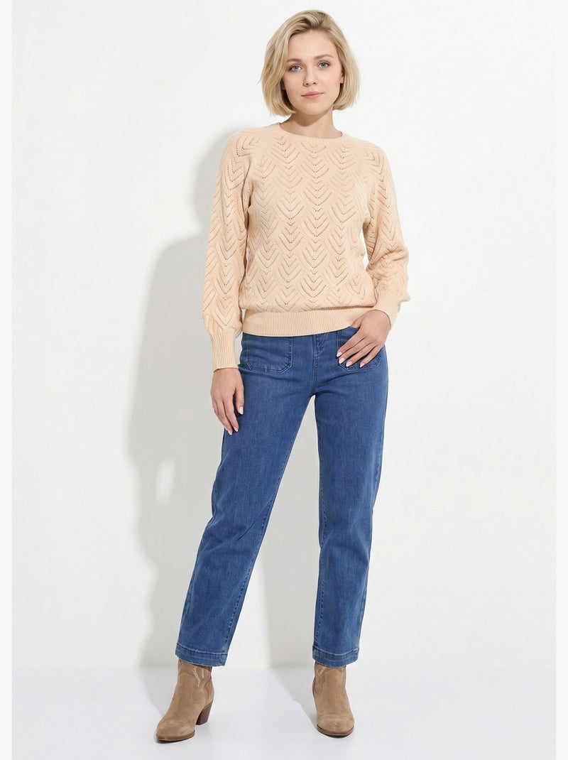 Pull doux court col rond uni ajouré - Afibel Beige - Kiabi