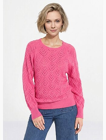 Pull doux court col rond uni ajouré - Afibel