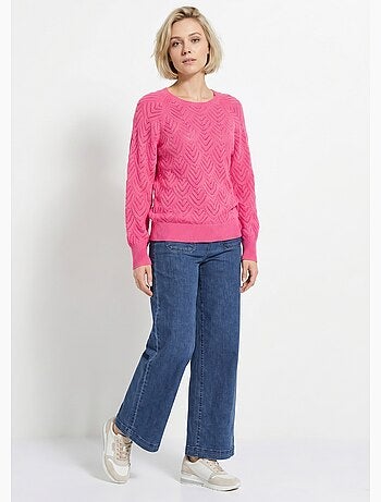 Pull doux court col rond uni ajouré - Afibel