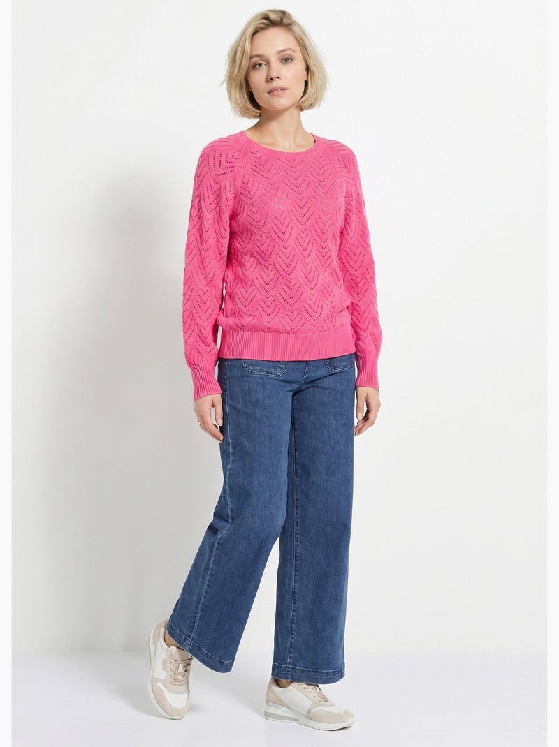 Pull doux court col rond uni ajouré - Afibel Rose - Kiabi