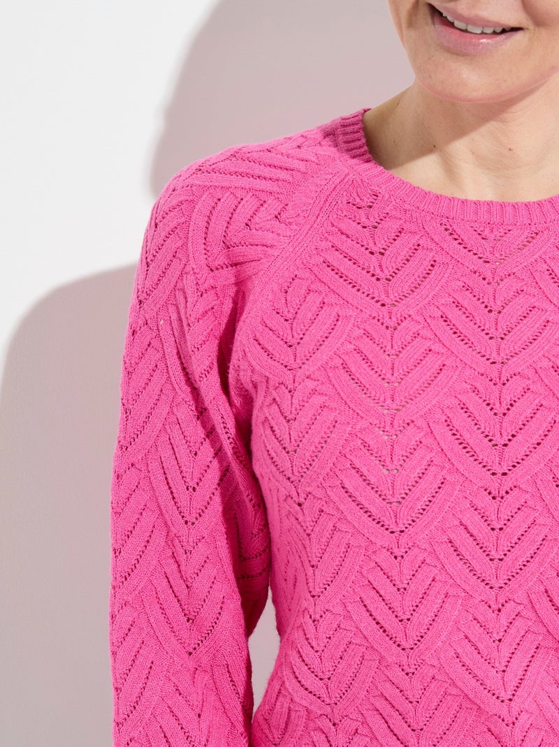 Pull doux court col rond uni ajouré - Afibel Rose - Kiabi