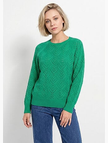 Pull doux court col rond uni ajouré - Afibel