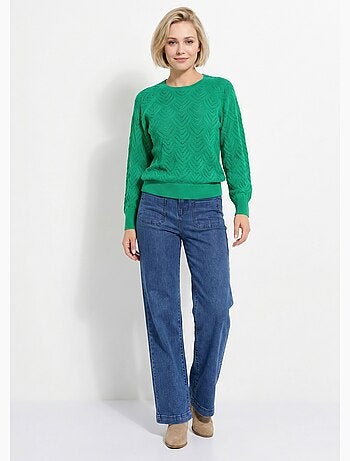 Pull doux court col rond uni ajouré - Afibel
