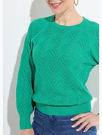 Pull doux court col rond uni ajouré - Afibel