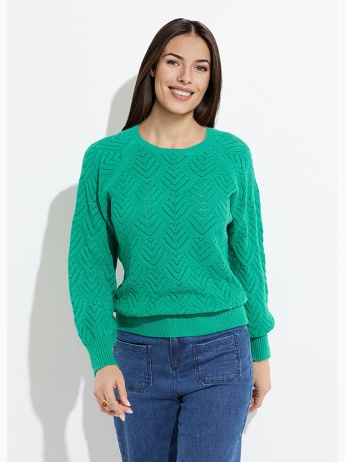 Pull doux court col rond uni ajouré - Afibel - Kiabi