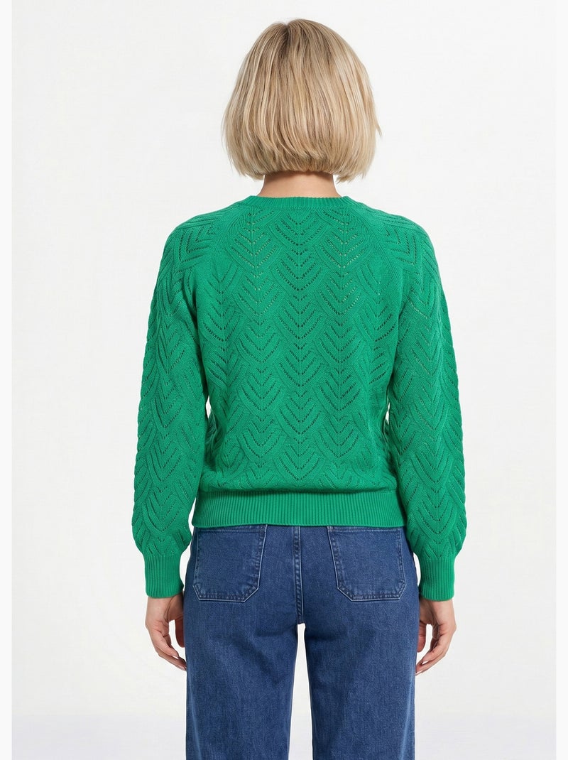 Pull doux court col rond uni ajouré - Afibel Vert - Kiabi