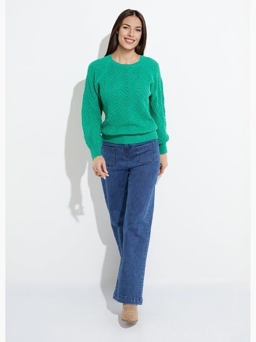 Pull doux court col rond uni ajouré - Afibel - Kiabi