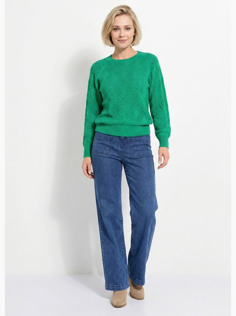 Pull doux court col rond uni ajouré - Afibel Vert - Kiabi