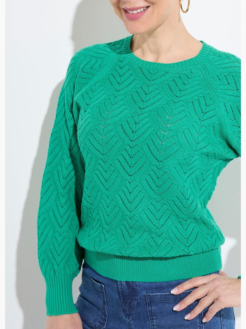 Pull doux court col rond uni ajouré - Afibel Vert - Kiabi