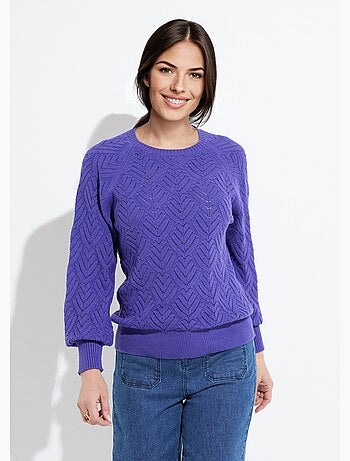 Pull doux court col rond uni ajouré - Afibel