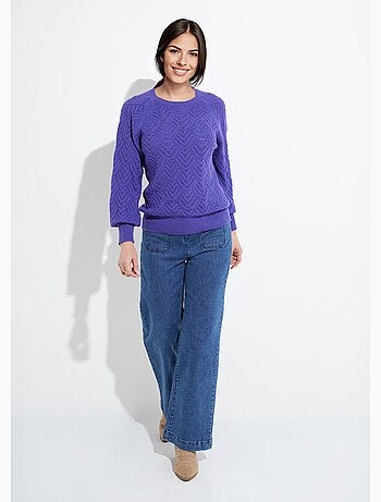 Pull doux court col rond uni ajouré - Afibel