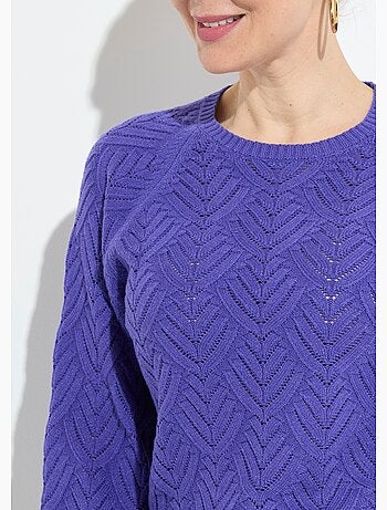 Pull doux court col rond uni ajouré - Afibel