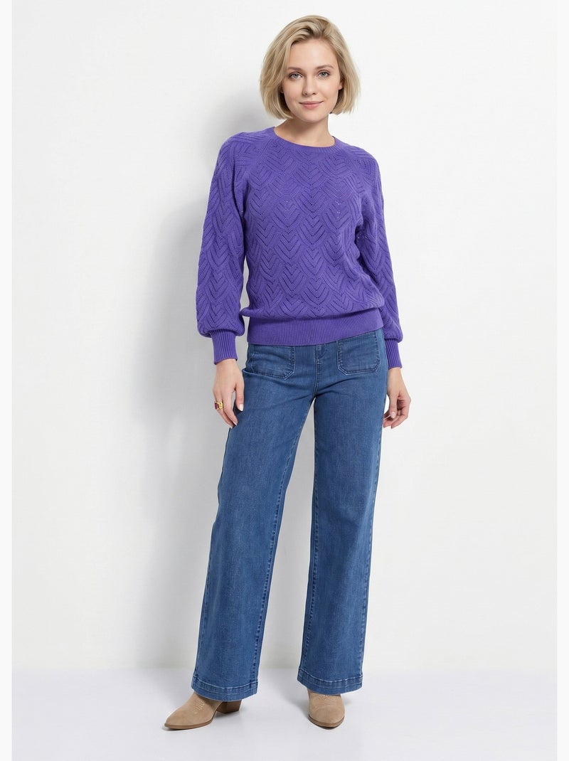 Pull doux court col rond uni ajouré - Afibel Violet - Kiabi