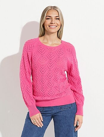 Pull doux court col rond uni ajouré