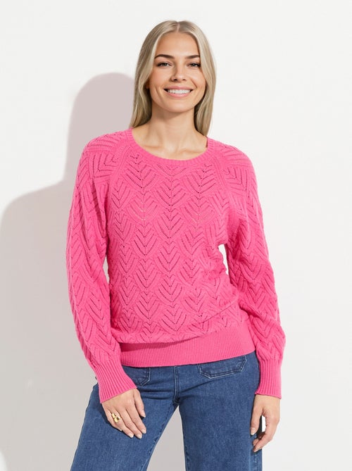 Pull doux court col rond uni ajouré - Kiabi