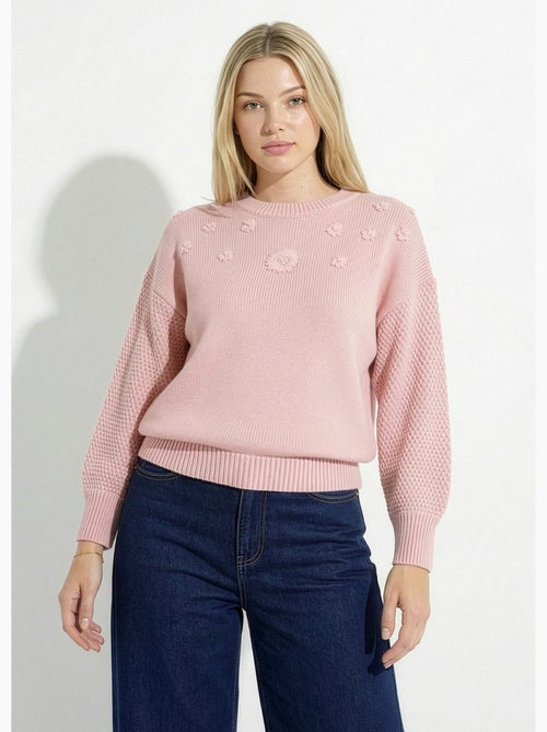 Pull doux fleurs brodées col rond - Afibel - Kiabi