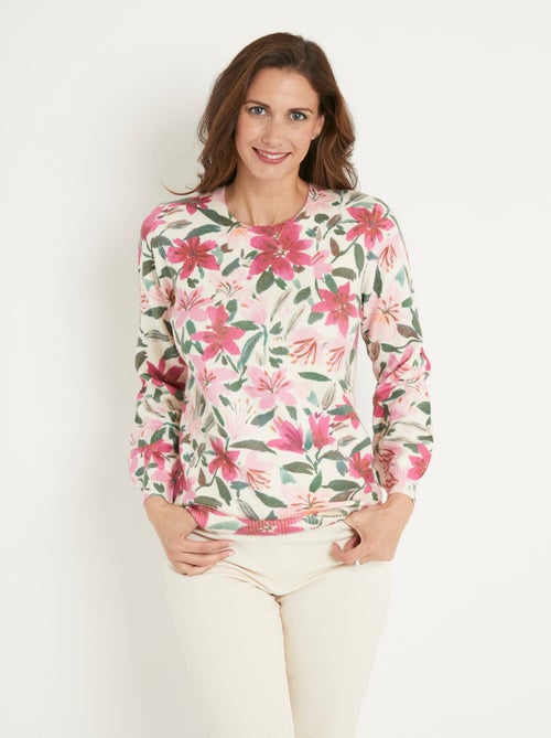 Pull doux imprimé fleurs col rond - Afibel - Kiabi