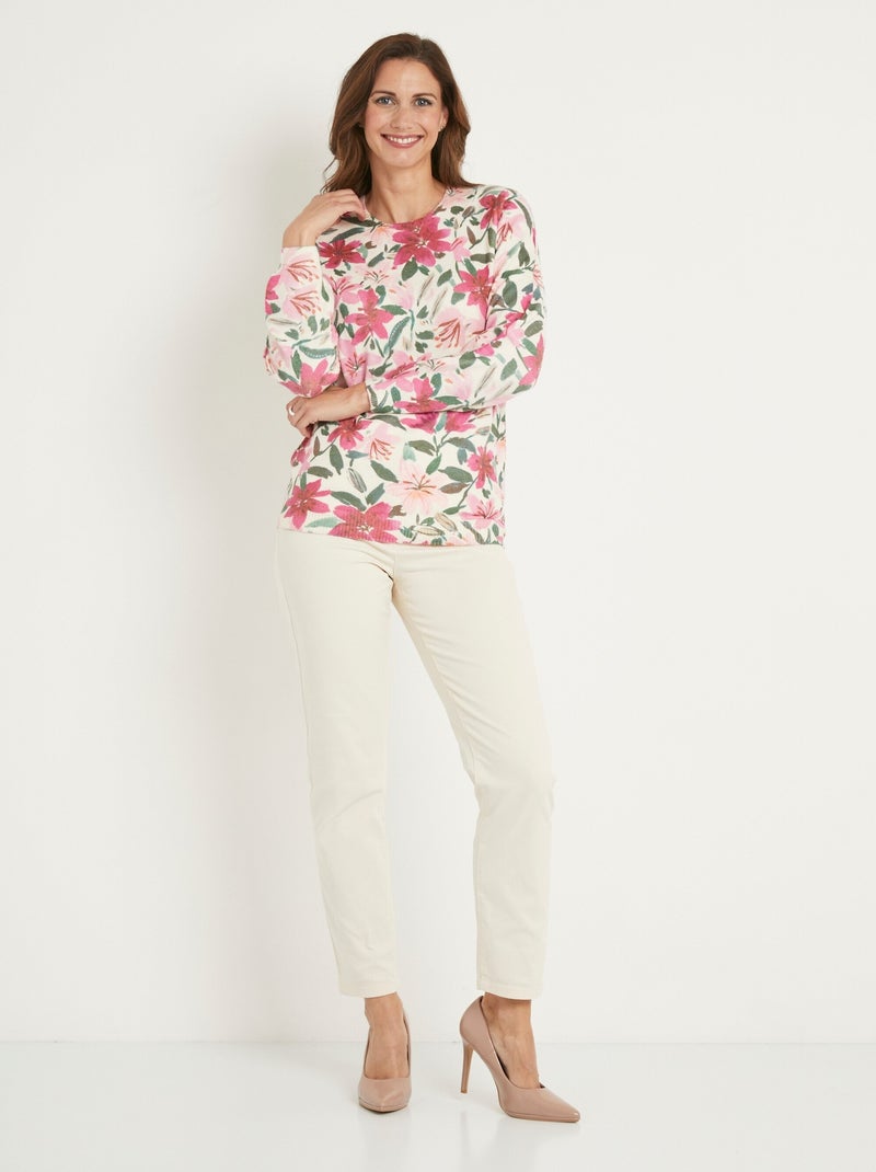 Pull doux imprimé fleurs col rond - Afibel Rose - Kiabi