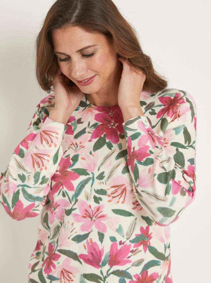 Pull doux imprimé fleurs col rond - Afibel Rose - Kiabi