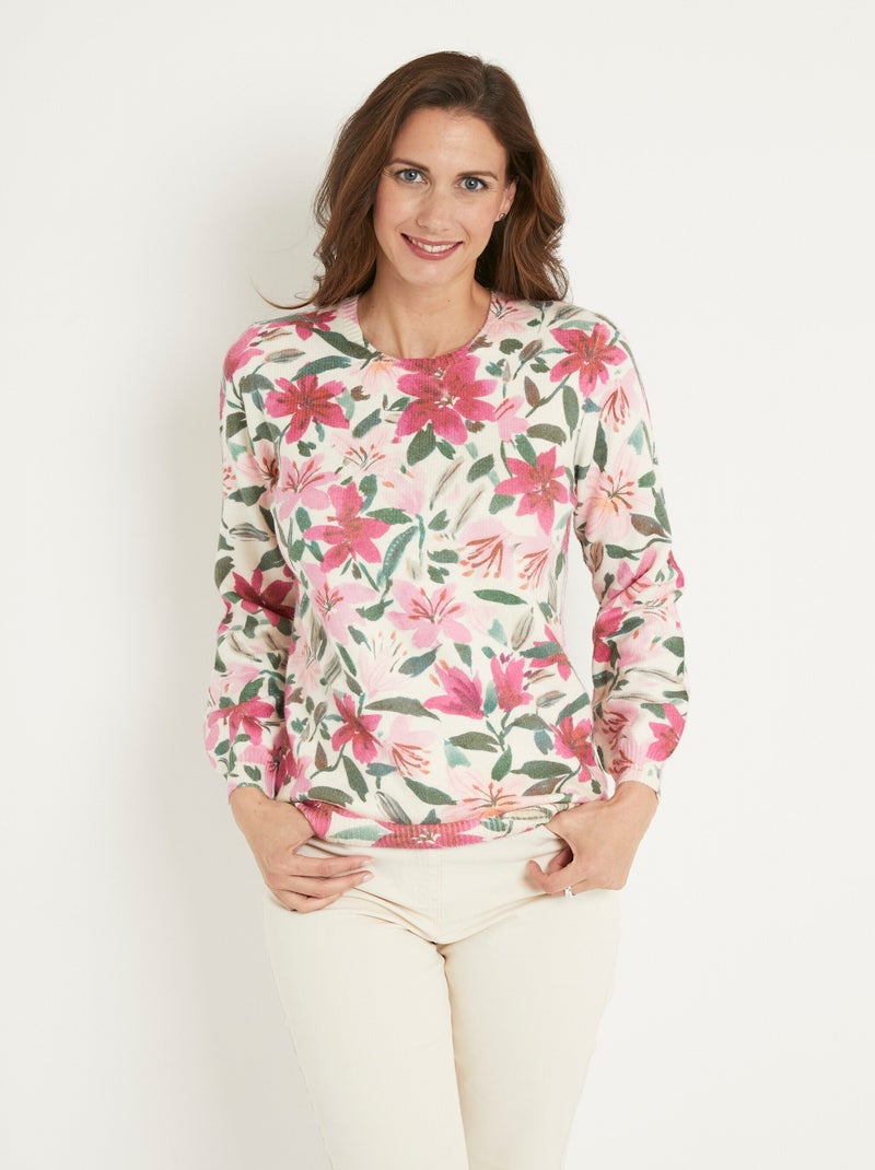 Pull Vintage Alfred Dunner Floral Blanc Et Rose - Taille L, Broderie - Occasion Très Bon état