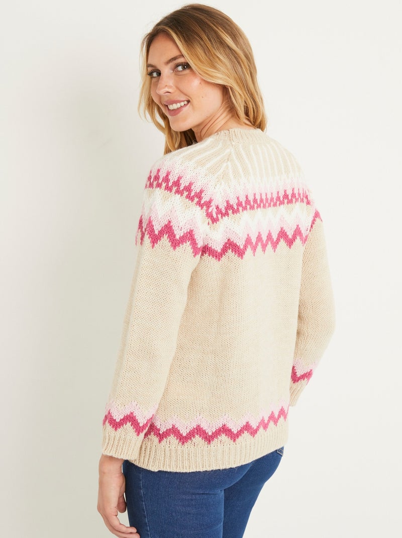 Pull doux  jacquard raglan col rond - Afibel Beige/Rose - Kiabi