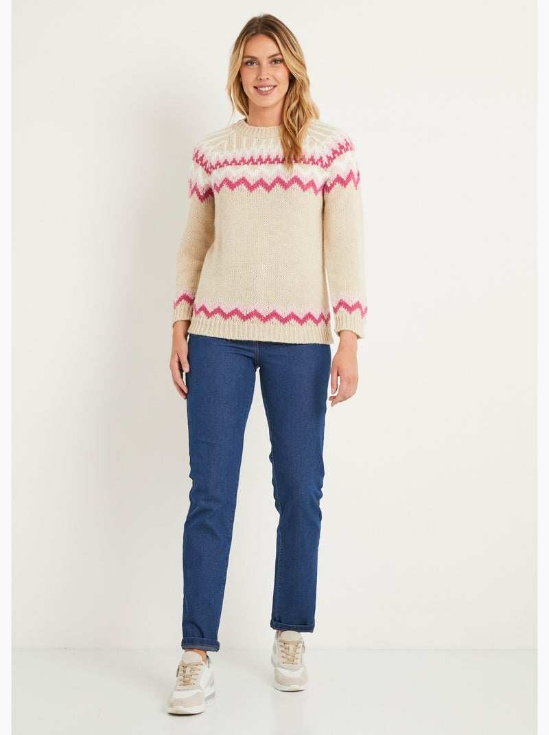 Pull doux  jacquard raglan col rond - Afibel Beige/Rose - Kiabi