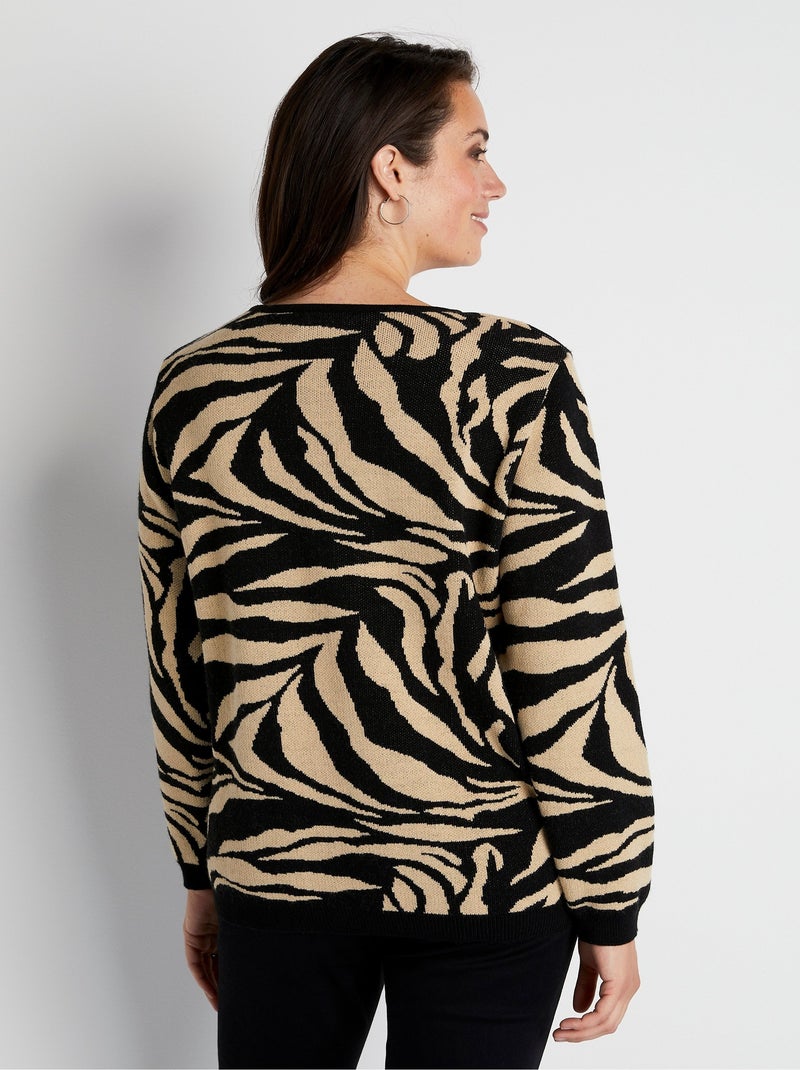 Pull doux jacquard zèbre col rond - Afibel Beige/Noir - Kiabi