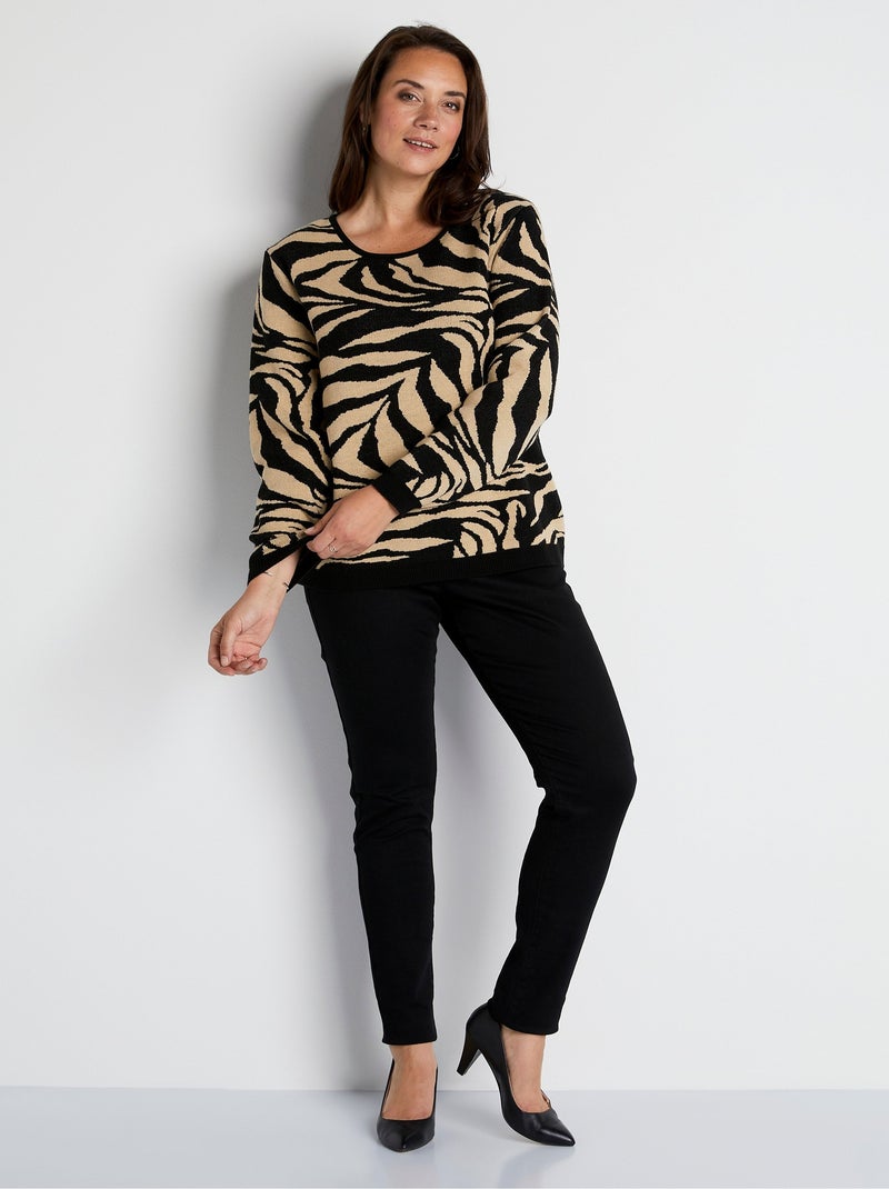 Pull doux jacquard zèbre col rond - Afibel Beige/Noir - Kiabi