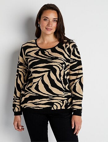 Pull doux jacquard zèbre col rond