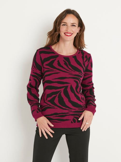 Pull doux jacquard zèbre col rond - Kiabi