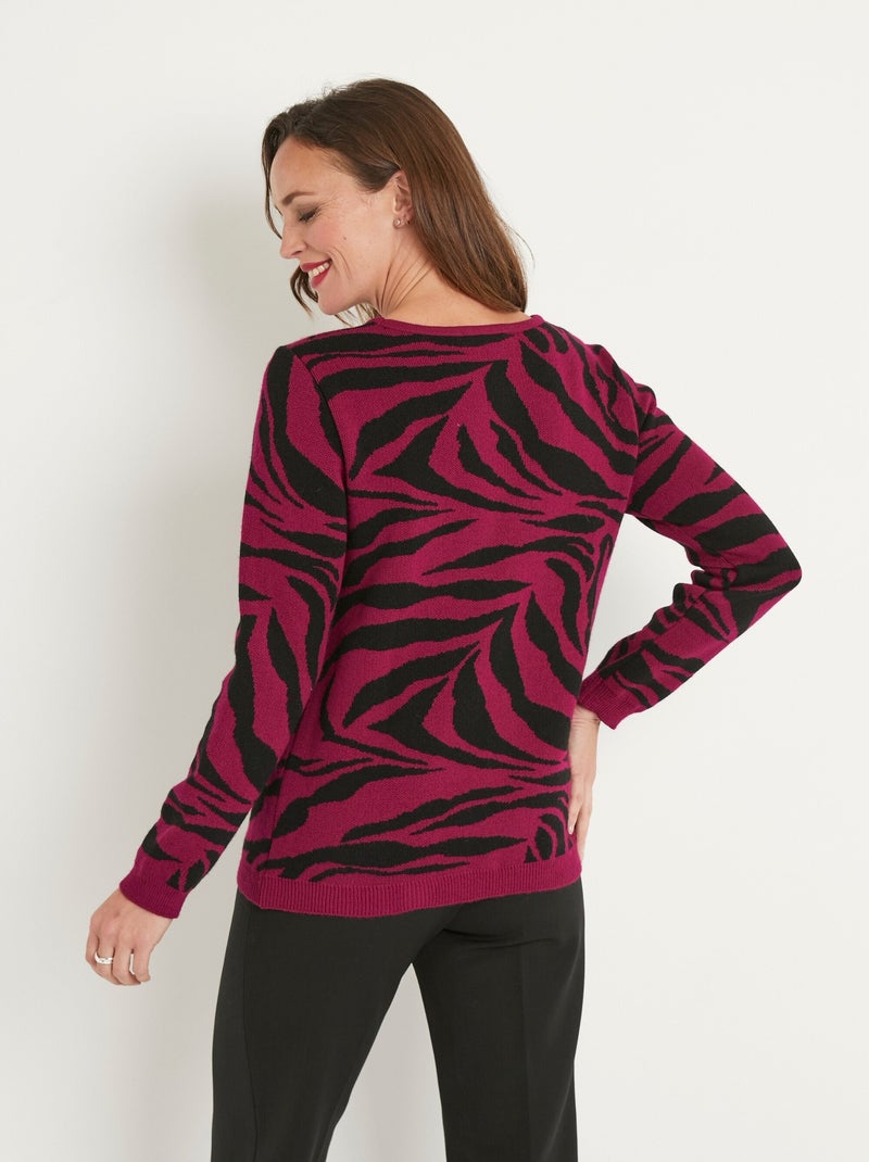 Pull doux jacquard zèbre col rond Violet foncé - Kiabi