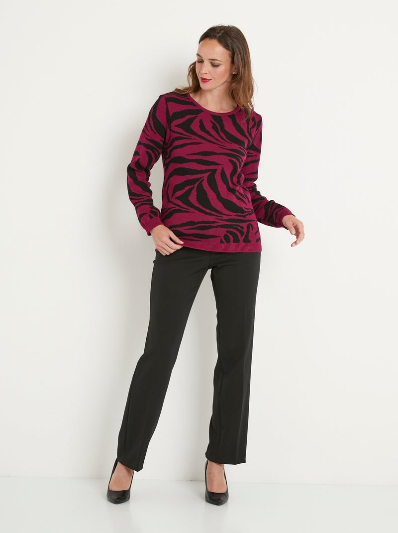 Pull doux jacquard zèbre col rond Violet foncé - Kiabi