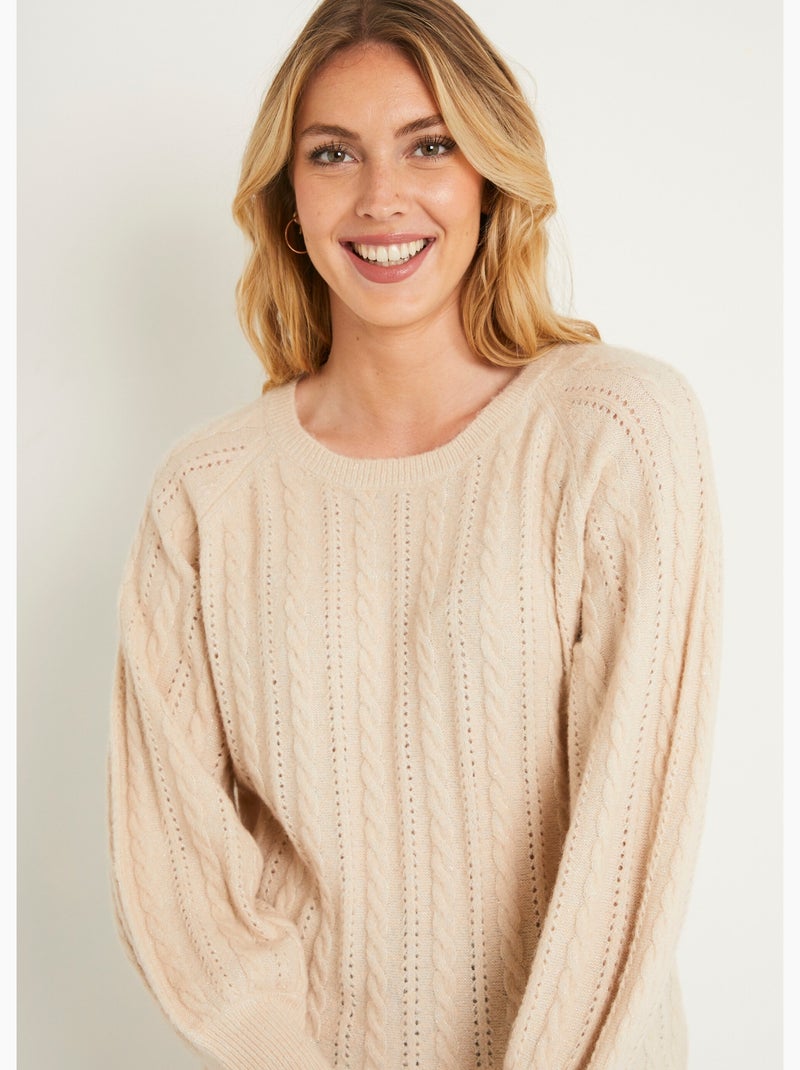 Pull doux maille irisée torsadée ajourée laine - Afibel Beige - Kiabi