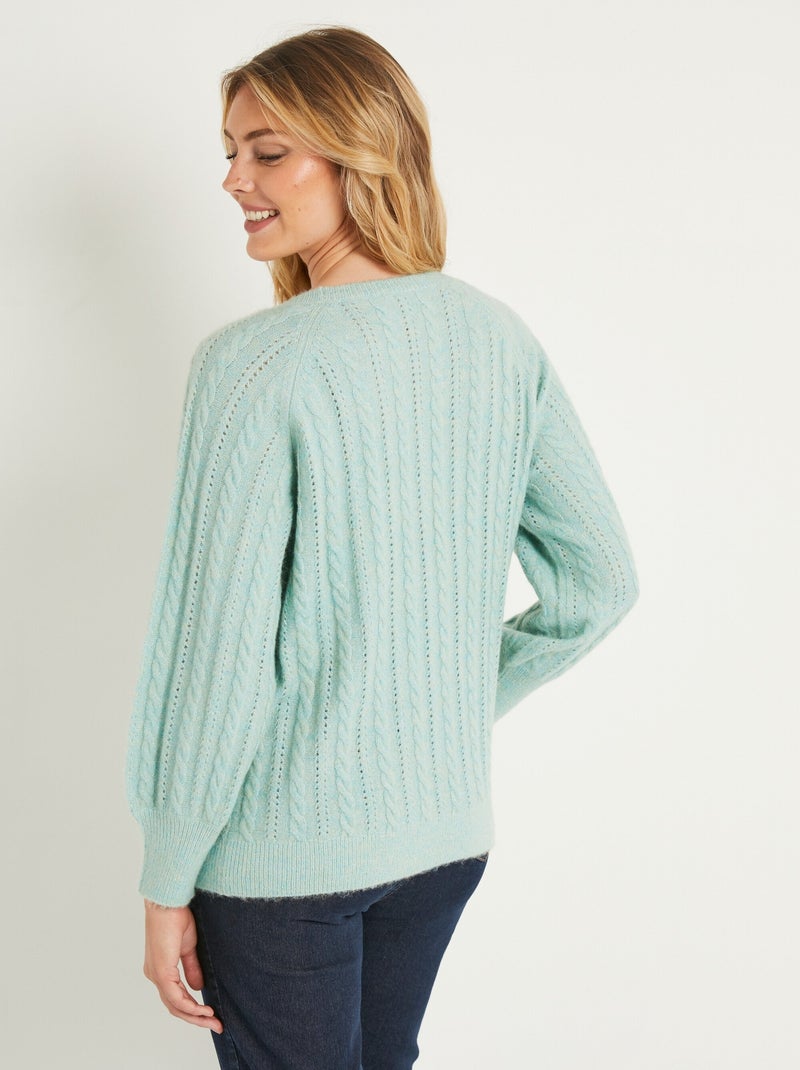 Pull doux maille irisée torsadée ajourée laine - Afibel Bleu aqua - Kiabi