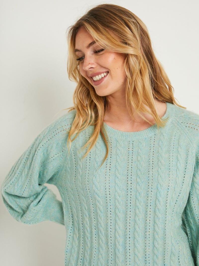 Pull doux maille irisée torsadée ajourée laine - Afibel Bleu aqua - Kiabi