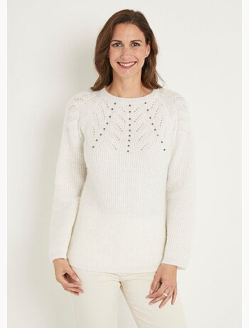 Pull doux maille poilue col rond perlé ajouré - Afibel