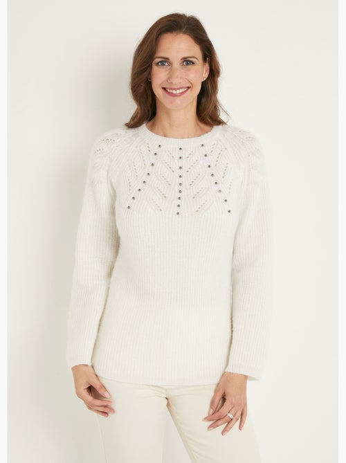 Pull doux maille poilue col rond perlé ajouré - Afibel - Kiabi