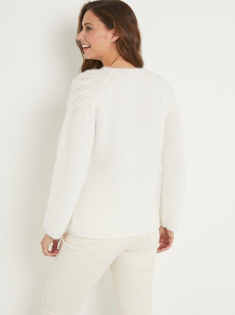 Pull doux maille poilue col rond perlé ajouré - Afibel Ecru - Kiabi