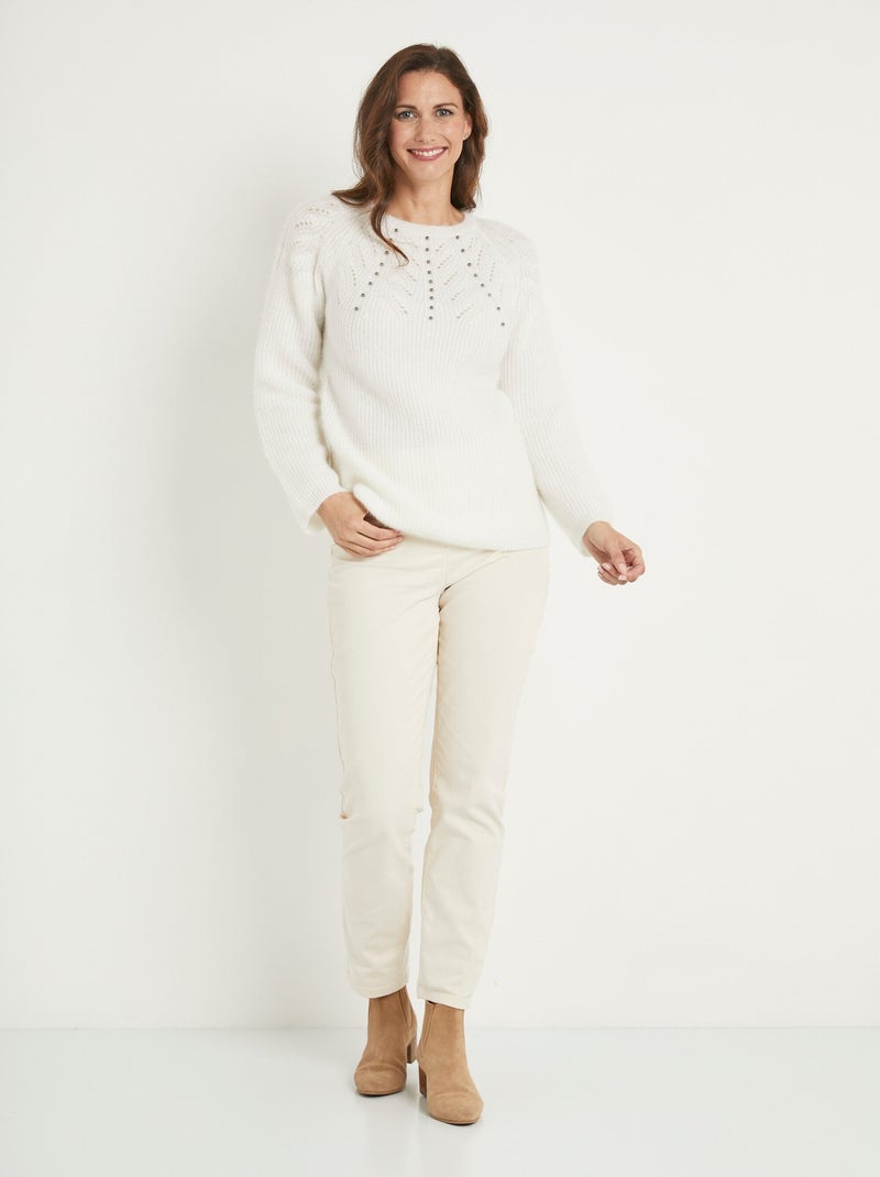 Pull doux maille poilue col rond perlé ajouré - Afibel Ecru - Kiabi
