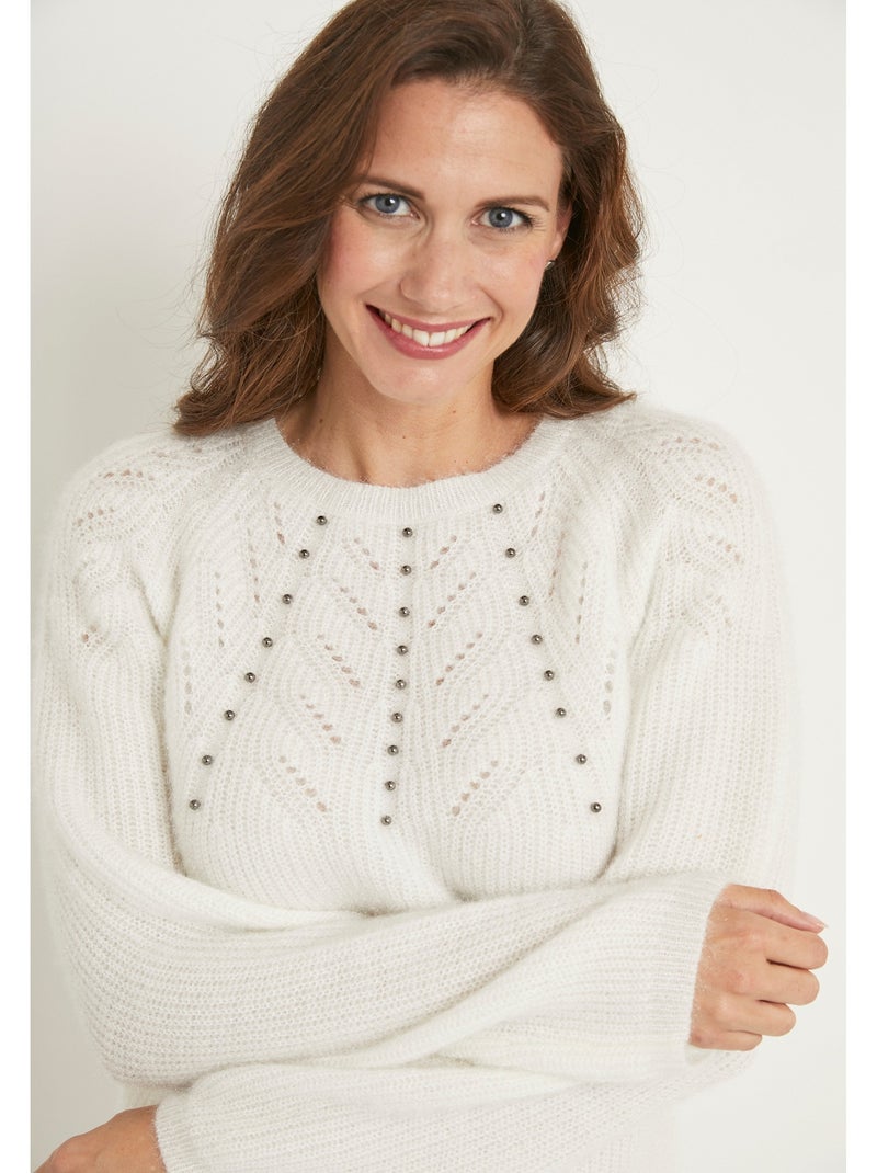 Pull doux maille poilue col rond perlé ajouré - Afibel Ecru - Kiabi
