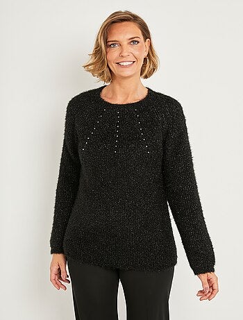 Pull doux maille poilue col rond perlé ajouré - Afibel