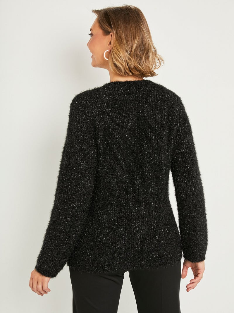 Pull doux maille poilue col rond perlé ajouré - Afibel Noir - Kiabi