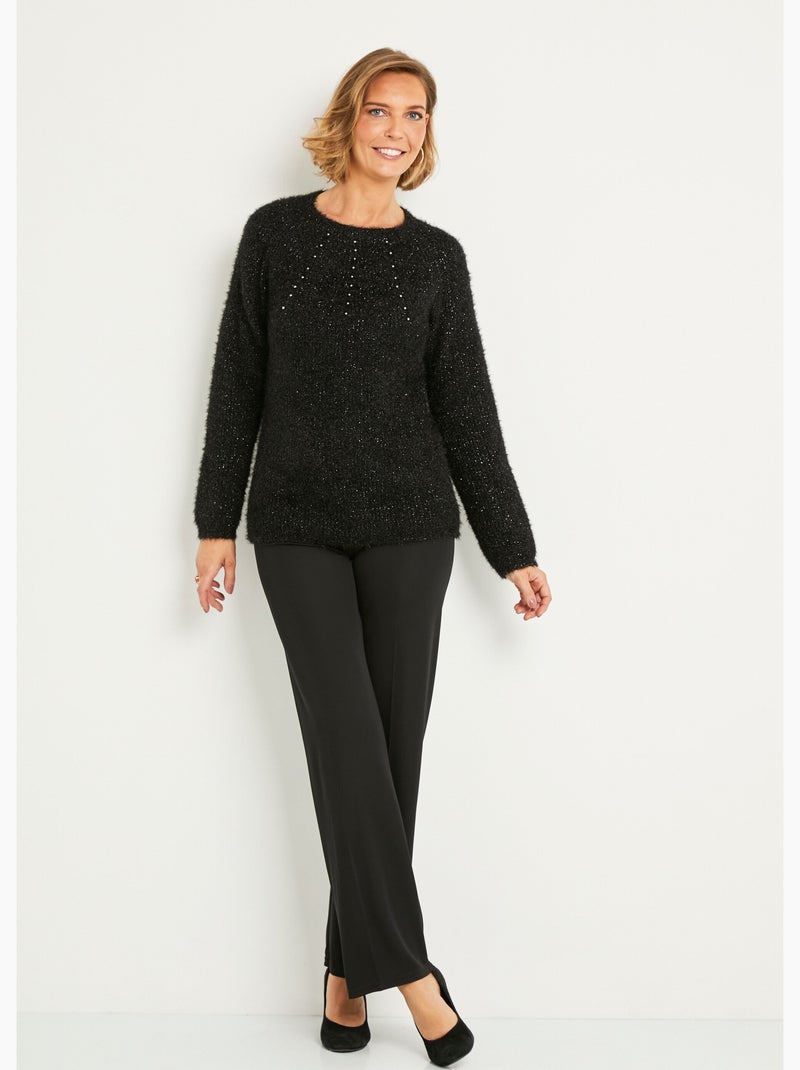 Pull doux maille poilue col rond perlé ajouré - Afibel Noir - Kiabi