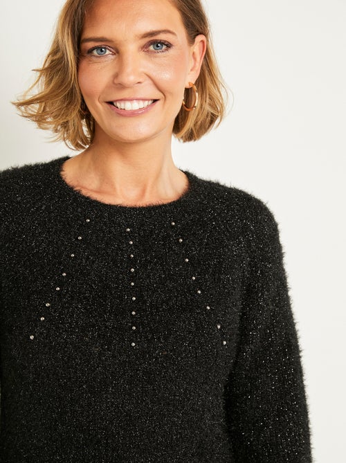 Pull doux maille poilue col rond perlé ajouré - Afibel - Kiabi