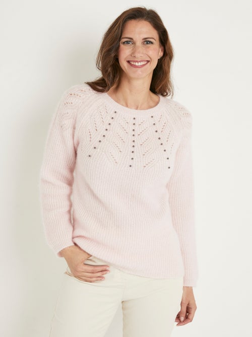Pull doux maille poilue col rond perlé ajouré - Afibel - Kiabi