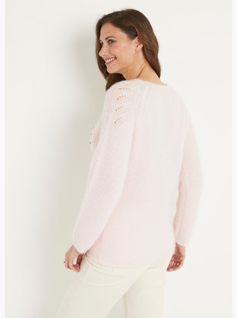 Pull doux maille poilue col rond perlé ajouré - Afibel Rose - Kiabi