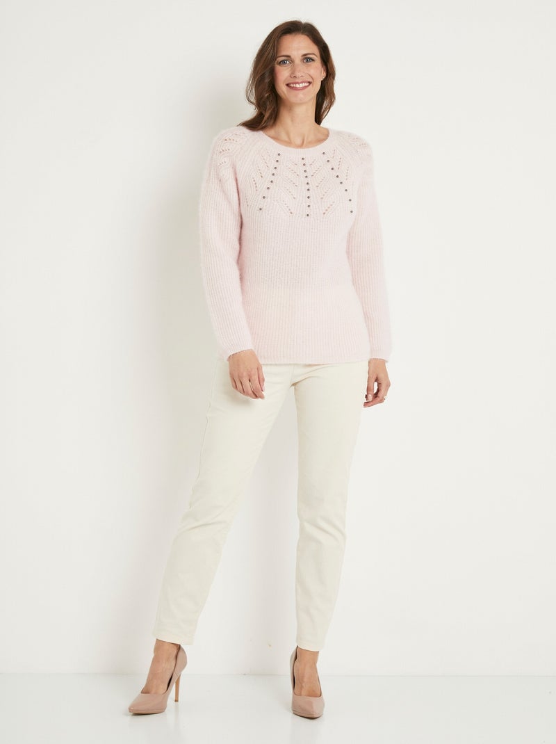 Pull doux maille poilue col rond perlé ajouré - Afibel Rose - Kiabi